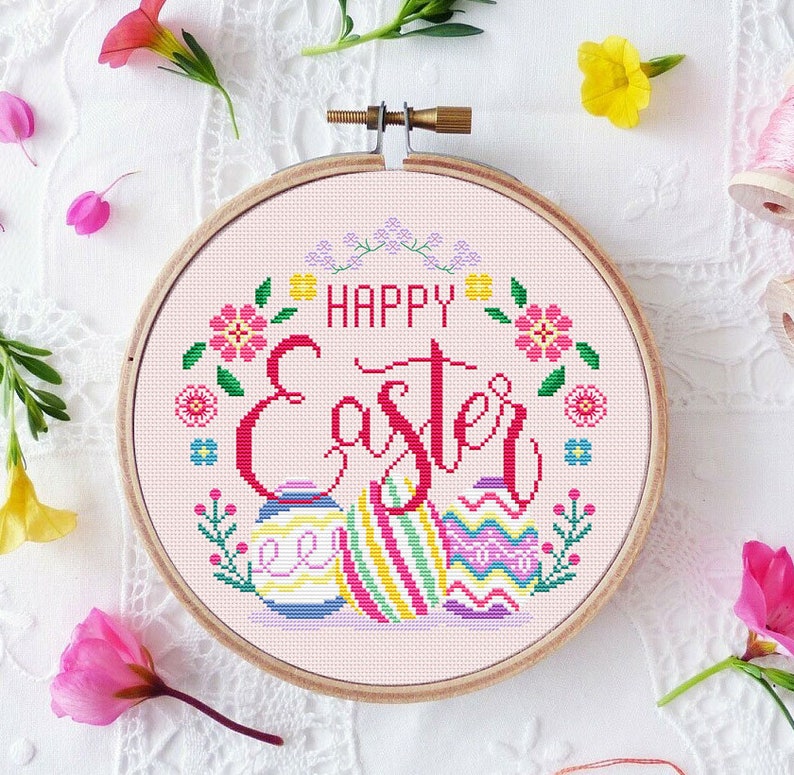 Happy Easter Cross Stitch Pattern Eggs Flowers Wreath Spring Easy Round Embroidery Hoopart Gift Instant Download PDF Chart N20ld image 4