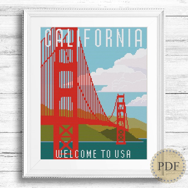 California Modern Cross Stitch Pattern Travel USA Landscape Golden Gate Bridge Instant Download Counted Cross Stitch Chart PDF 255ld