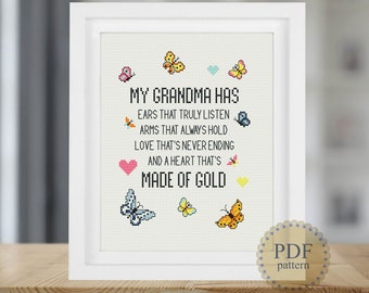 Grandma Made Of Gold Cross Stitch Pattern Mother's Day Quote Lettering Gift Birthday Anniversary Family Instant Download PDF Chart N23ld