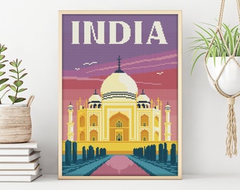 India Modern Cross Stitch Pattern Taj Mahal at Night Travel Scenery Agra City Landmark Nature Landscape Instant Download PDF Chart 77ld