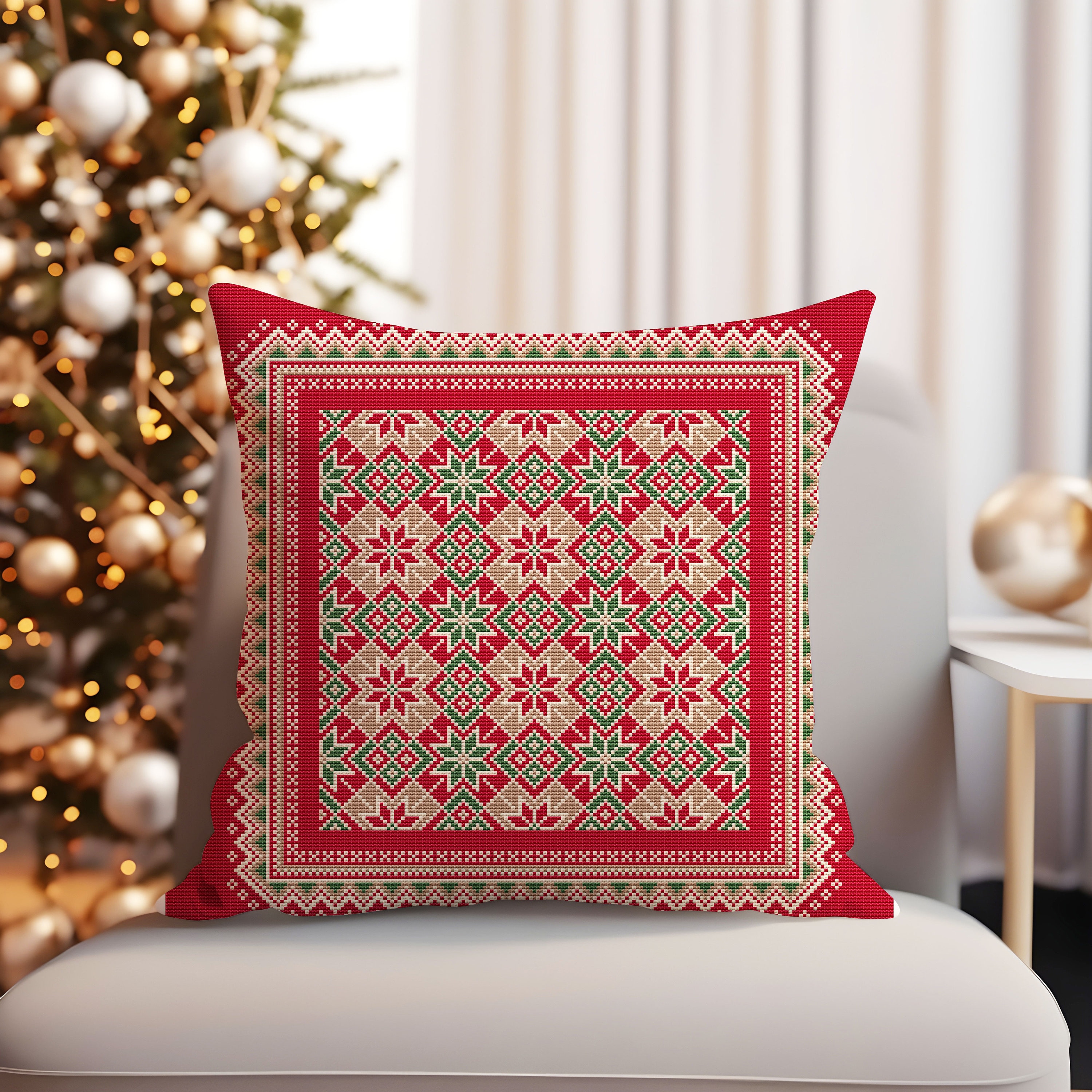 Folk Style Cushion Cover Cross Stitch Pattern Christmas Nordic Stars Ornaments Festive Throw Pillow Digital Download PDF Chart 144d Etsy