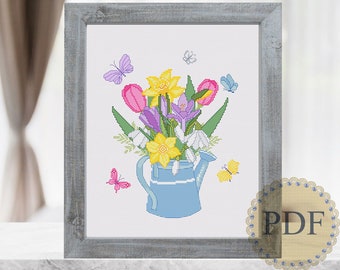 Spring Can Cross Stitch Pattern Easter Flowers Tulips Daffodils Snowdrops Crocus Butterflies Bouquet Instand Download PDF Chart 121ld