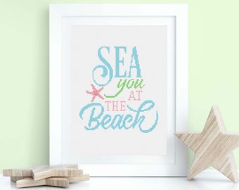 Sea You At The Beach Cross Stitch Pattern Funny Quote Lettering Summer Seastar Small Easy Embroidery Instant Download PDF Chart N204ld