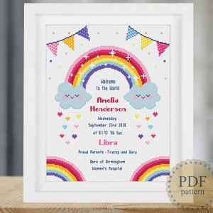 Clouds and Rainbow Birth Announcement Cross Stitch Pattern Baby Boy Girl Record Metrics Personalised Gift Digital Download PDF Chart 440ld