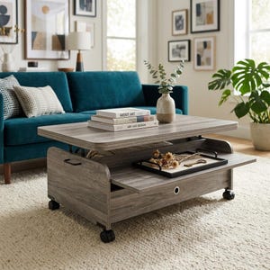 May include: A gray wood-grain coffee table with a lift-top mechanism, a lower storage shelf, and black caster wheels. The table features a pull-out drawer with a metal handle and a circular pull, holding a black tray with dried flowers.
