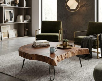 Live Edge soffbord i massivt trä: Rustik skiva, hårnålsben, organisk inredning