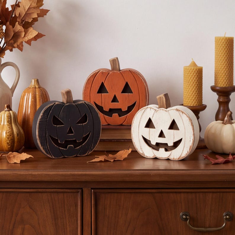 Kürbislaterne aus Holz, Halloween-Tischdeko für die gruselige Jahreszeit Bild 1