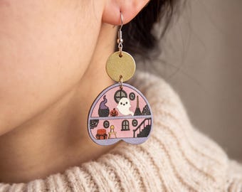 Wood Halloween Ghost Pumpkin Earrings, Spooky Haunted House Dangle Jewelry, Fall Costume Gift for Her