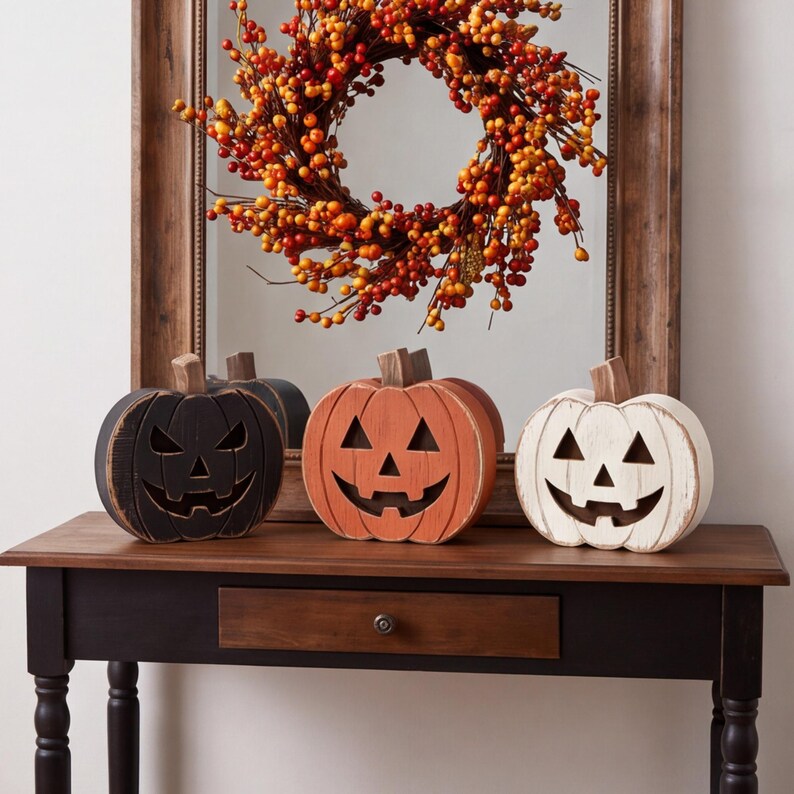 Kürbislaterne aus Holz, Halloween-Tischdeko für die gruselige Jahreszeit Bild 6