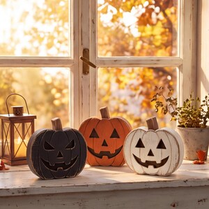 Kürbislaterne aus Holz, Halloween-Tischdeko für die gruselige Jahreszeit Bild 4