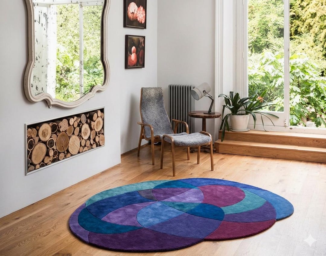 Modern Abstract Overlapping Circles Round Carpet – Blue Purple Designer ...
