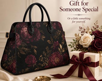 Floral Top Handle Handbag, Structured PU Leather Trapezoid Shoulder Bag, Gold Hardware Tote