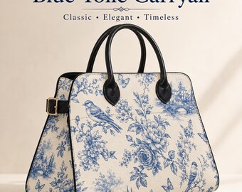 Blue Toile Print Structured Handbag, Top Handle Trapezoid Tote, Vegan Leather Carryall