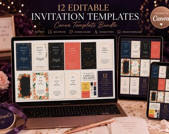 12 Invitation Template Bundle - Editable Canva | Multi-Occasion Invite Templates | Digital Download