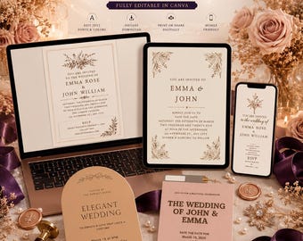 Wedding Invitation Template Bundle | 5 Editable Canva Templates | Printable Invite RSVP Save the Date | Digital Download