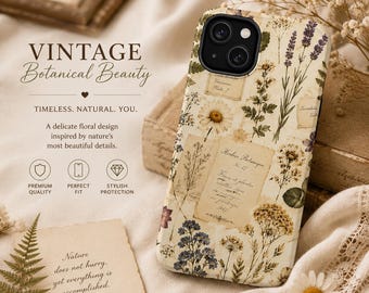 Vintage Botanical Collage Phone Case | Pressed Flower MagSafe iPhone 16 Case | Cottagecore Nature Gift