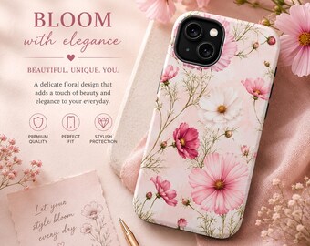 Pink Cosmos Floral iPhone 16 Case | Vintage Bloom MagSafe Protection (Glossy/Matte)