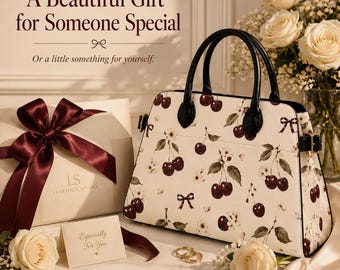 Cherry Print Top Handle Bag, PU Leather Trapezoid Shoulder Purse, Gold Hardware Tote
