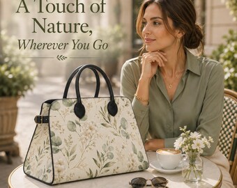 Floral Top Handle Bag, Trapezoid Handbag, Gold Hardware, Vegan Leather Shoulder Bag