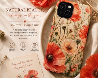 Vintage Poppy Field Phone Case | Red Floral MagSafe iPhone 16 Case | Cottagecore Wildflower Gift