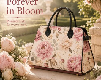 Floral Print Trapezoid Top Handle Satchel, Gold Hardware Work Tote Bag