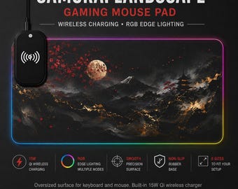 Samurai Landscape Gaming Mouse Pad | Wireless Charging, RGB Edge Lighting