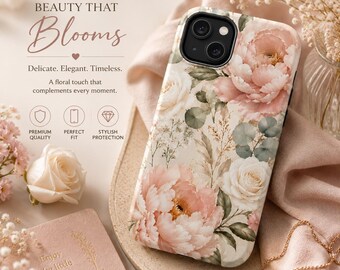 Blush Peony Floral iPhone Case | Soft Pink Cottagecore MagSafe Protection