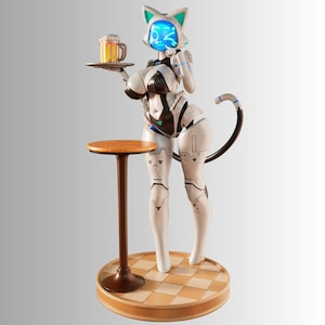 May include: A futuristic robot figurine with a cat-like head and a serving tray holding a mug of beer. The robot is white with black accents and stands on a checkered base. A small wooden table is positioned in front of the robot.