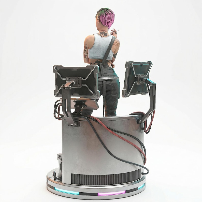 May include: A futuristic sculpture of a person with pink and green hair, wearing a white tank top and overalls, smoking a cigarette. The figure stands behind a metallic console with two screens and colorful LED lights.