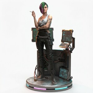 May include: A detailed figurine of a woman with green and purple hair, tattoos, and a cigarette. She wears a white tank top, black pants, and boots. She stands next to a computer setup with multiple screens and a keyboard. The base is circular with a neon light.