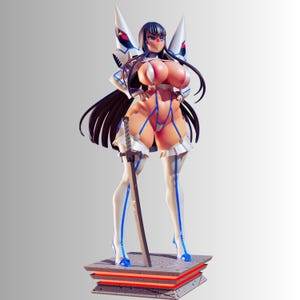 May include: A detailed figurine of a female anime character with long black hair, wearing a revealing outfit with blue accents and a sword. The figure stands on a layered platform with red and gray details.
