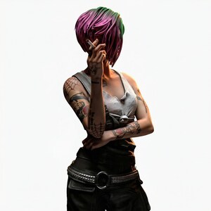 May include: A person with pink and green hair, wearing a white tank top, black overalls, and a studded belt. The person is holding a cigarette and has multiple tattoos on their arms. The background is white.
