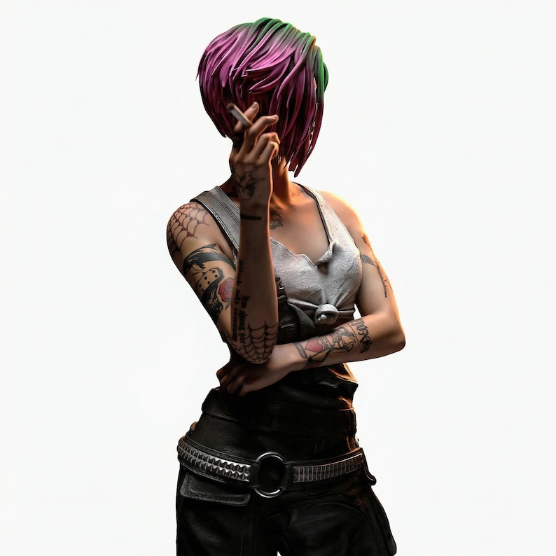 May include: A person with pink and green hair, wearing a white tank top, black overalls, and a studded belt. The person is holding a cigarette and has multiple tattoos on their arms. The background is white.