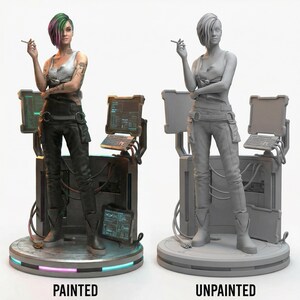 May include: A painted and unpainted figurine of a woman in a futuristic outfit, holding a cigarette. The painted version features a colorful hairstyle and tattoos. The figure stands near computer consoles on a circular base with a neon light.