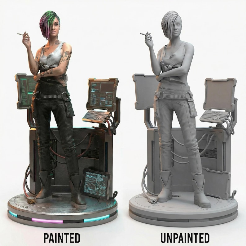 May include: A painted and unpainted figurine of a woman in a futuristic outfit, holding a cigarette. The painted version features a colorful hairstyle and tattoos. The figure stands near computer consoles on a circular base with a neon light.