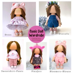Puede incluir: Una colección de cinco muñecas de tela que muestran un patrón de costura para un guardarropa básico. Las muñecas tienen cabello castaño y varios atuendos, incluyendo un vestido, overoles de mezclilla, sudadera y pantalones, un delantal.