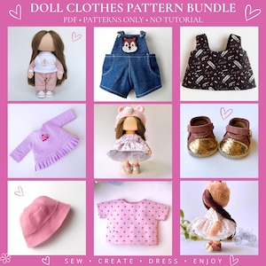 Könnte beinhalten: Eine digitale Collage mit dem Titel DOLL CLOTHES PATTERN BUNDLE, die verschiedene Puppenkleidung und Accessoires zeigt, darunter eine Jeans-Latzhose mit Tieraufnäher, ein schwarz gemustertes Oberteil, ein lilafarbenes Rüschenshirt und ein rosa Fischerhut.