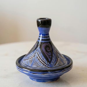 Mini Tagine Spice Pot, Handmade Moroccan Ceramic, Small Ceramic Incense Holder, Blue Painted Pottery Decor, unique home decor