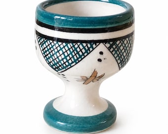 Moroccan Handmade Ceramic Egg Cup | Hand-Painted Berber Pottery Goblet | Colorful Striped Boho Egg Holder | Artisan Kitchen Decor Gift