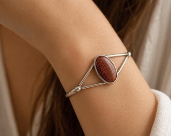 Pulsera marroquí de plata 925 – Pulsera geométrica minimalista hecha a mano con piedra solar marrón – Regalo de joyería artesanal para mujer