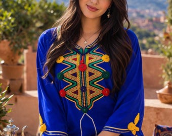 Marokkaanse kaftan Amazigh-jurk voor dames | Handgemaakte Berber-kaftan | Geborduurde maxi-jurk | Boho etnische Marokkaanse kleding