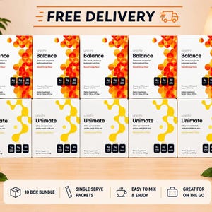 Può includere: Una collezione di dieci scatole di integratori alimentari Unicity disposte su due file. La fila superiore presenta cinque scatole Balance con motivi circolari arancioni, mentre la fila inferiore contiene cinque scatole Unimate con forme organiche gialle.