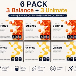 Può includere: Una confezione da 6 integratori alimentari Unicity contenente tre scatole di Balance e tre scatole di Unimate. Le scatole Balance presentano motivi circolari arancioni, mentre le scatole Unimate presentano forme astratte gialle. Ogni scatola contiene 30 bustine.