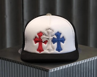 Chrome Style Cross Hat | Red White Blue Trucker Cap | Trendy streetwear accessory