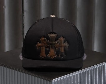 Black Gothic Cross Cap | Leather Patch Snapback Hat | Streetwear Fashion | Trendy unisex cap