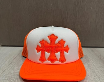 Chrome Hearts Style Neon Orange Trucker Cap | Cross Patch Snapback Hat | Streetwear Mesh Cap | Unisex fashion hat
