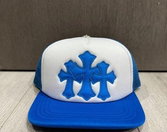 Blue Cross Trucker Cap | White Mesh Snapback Hat | Gothic streetwear style | Unisex fashion cap