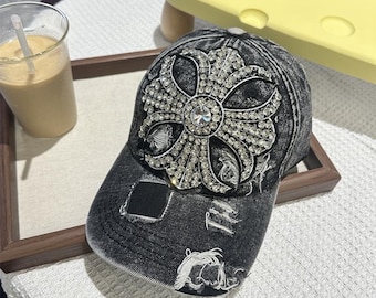 Rhinestone Gothic Cross Baseball Cap | Vintage Distressed Hat | Trendy streetwear accessory | Unisex