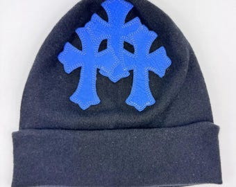 Chrome Hearts Black Beanie Hat with Blue Cross Patch Embroidered Streetwear Winter Knit Cap Unisex