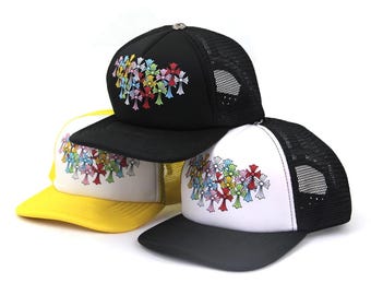 Multicolor Cross Logo Cap | Chrome Inspired Trucker Hat | Mesh Back Snapback | Trendy streetwear